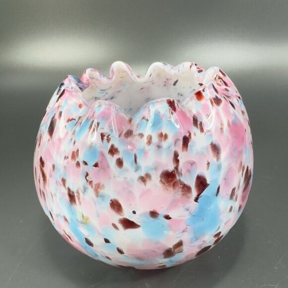Czech Art Glass Rose Bowl Dish Hand Blown Multicolor Spots Bowl Ruffled Edges - Picture 5 of 14